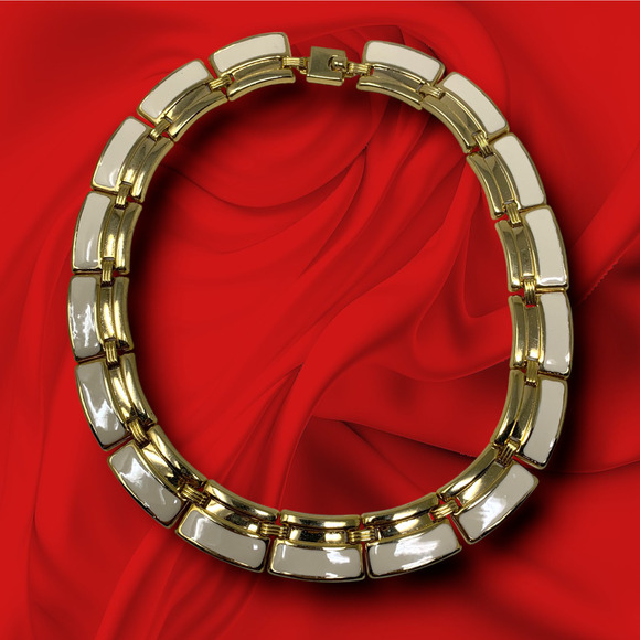 Vintage 1980's Gold Tone & Enamel Modernist Collar Necklace Chunky Avant Garde - Picture 1 of 3